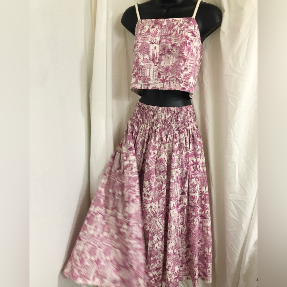 Joie 2pc pink white multi nautical strap crop top & smocked skirt set size Small